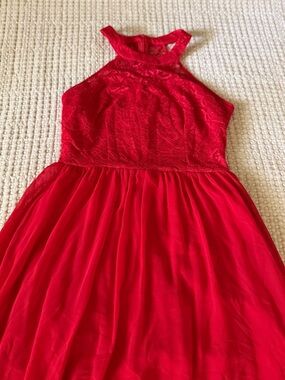 Women’s Red Halter Lace Bodice Chiffon Dress